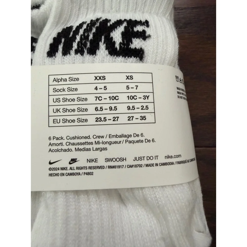 Nike Kids Everyday Cushioned Crew Socks 6 Pack White Black XXS 7C-10C BN0509-F00